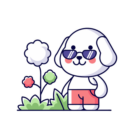 Cute cartoon dog with sunglasses in the garden. Vector illustration.のイラスト素材