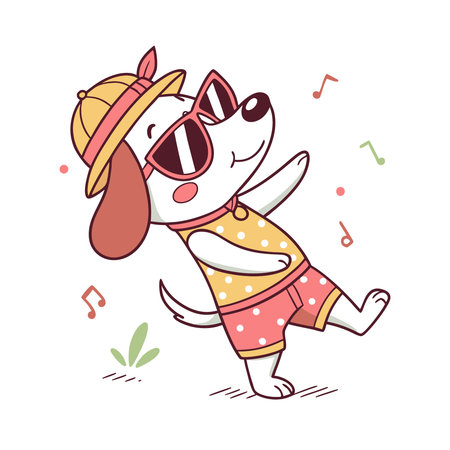 Cute cartoon dog in a summer hat and sunglasses. Vector illustration.のイラスト素材