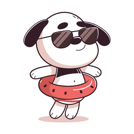 Cute dog in sunglasses with a life buoy. Vector illustration.のイラスト素材