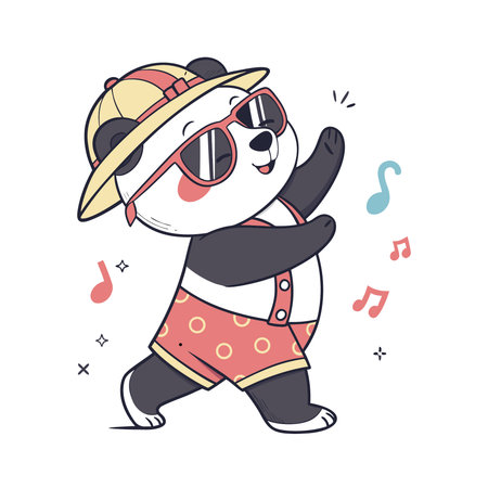 Cute cartoon panda in summer clothes and hat. Vector illustration.のイラスト素材