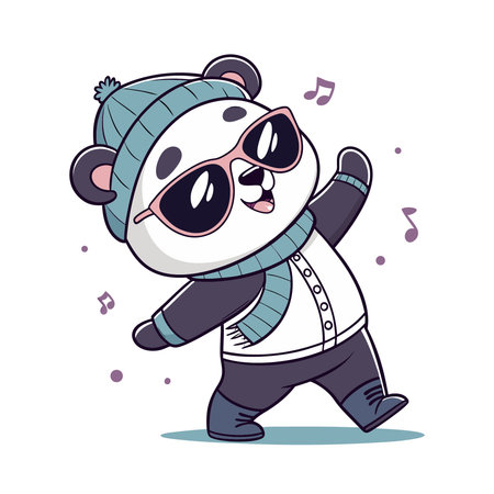 Cute cartoon panda in winter clothes and sunglasses dancing. Vector illustration.のイラスト素材
