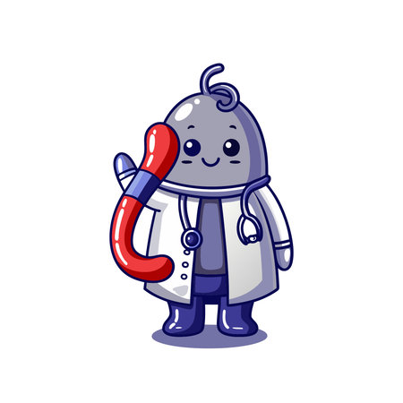 Cute cartoon robot holding a big red phone. Vector illustration.のイラスト素材