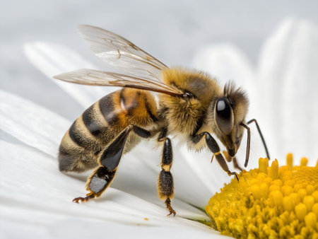 Bee on camomile flower, macro shot, selective focus.