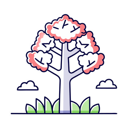 Vector illustration of tree in flat line style with green grass and clouds.のイラスト素材
