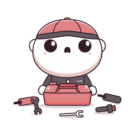 Worker with toolbox character. Cute and funny vector illustration.のイラスト素材