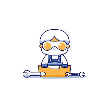 Cute cartoon mechanic with wrench and tool box. Vector illustration.のイラスト素材
