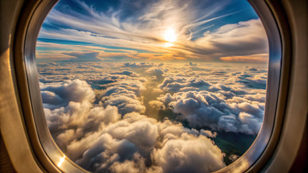 Cloudscape view from the window of an airplane flying above the cloudsの写真素材