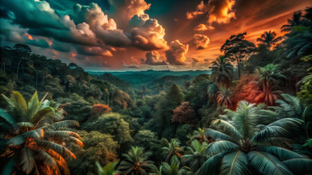 Panoramic view of the rainforest at sunset, Sri Lanka