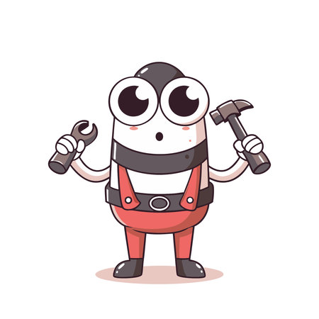 Cute cartoon mechanic with spanner and hammer. Vector illustration.のイラスト素材