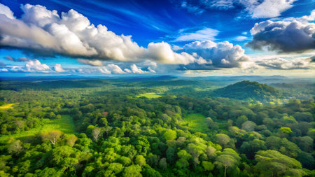 Aerial view of green forest and blue sky with white clouds.の写真素材