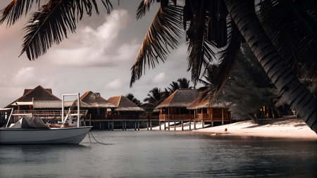 Tropical beach with palm trees, bungalows and boats