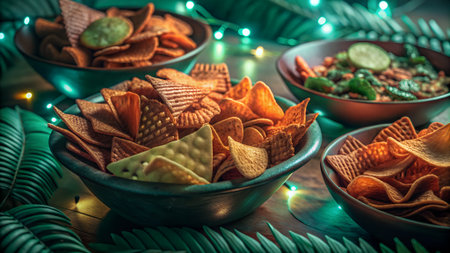 Nachos and chips in bowl with christmas lights on background.