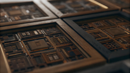 Close up of a computer circuit board. Technology background. 3d rendering