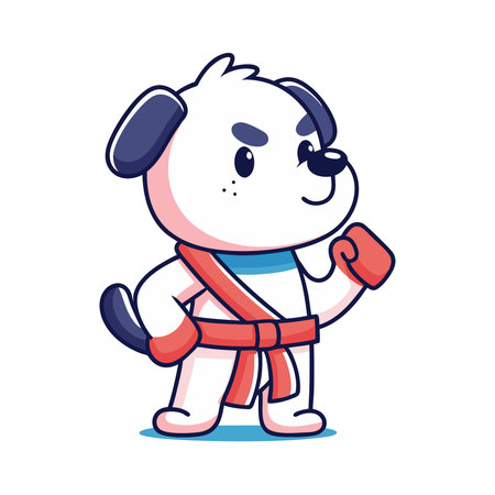 Cute dog with headphones and karate belt. Vector illustration.のイラスト素材