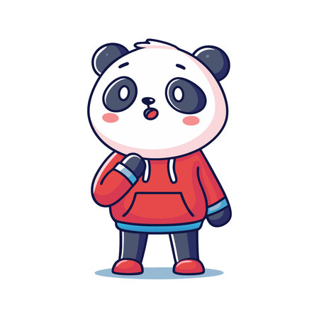 Cute panda in a red sweater with a microphone. Vector illustration.のイラスト素材