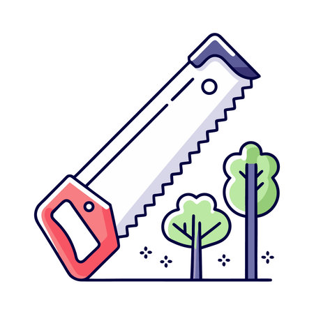 Vector illustration of hand saw with trees. Flat line art design.のイラスト素材