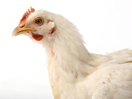 white hen isolated on white background, studio shot, close-upの写真素材