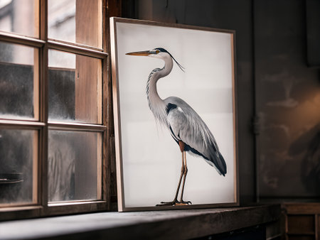 Gray heron standing and looking at the cameraの写真素材