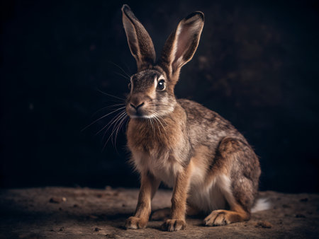 Rabbit on a dark background. Animal theme. Toned.の写真素材