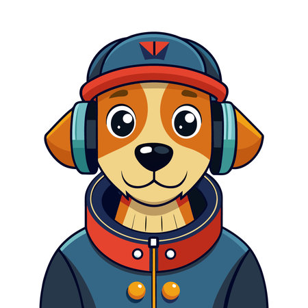 Vector illustration of a dog in a helmet and headphones. Cartoon style.のイラスト素材