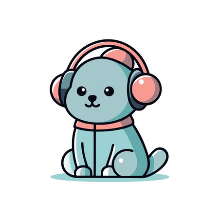 Cute dog listening to music on headphones. Vector illustration in cartoon style.のイラスト素材