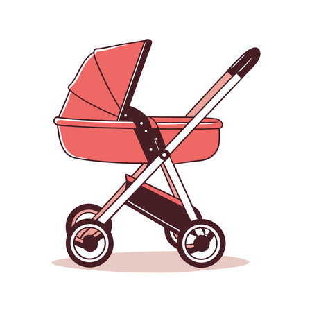 Vector illustration of a red baby stroller isolated on white background.