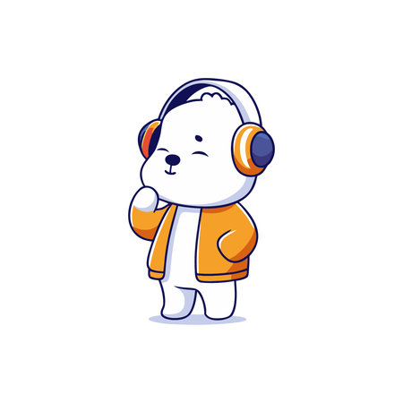 Cute polar bear listening to music with headphones. Vector illustration.のイラスト素材