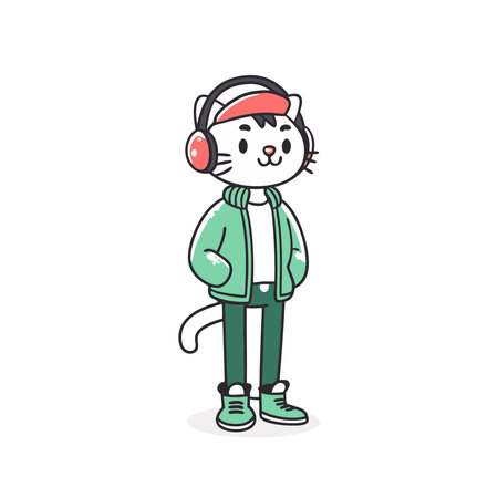 Cute cartoon cat listening to music with headphones. Vector illustration.のイラスト素材