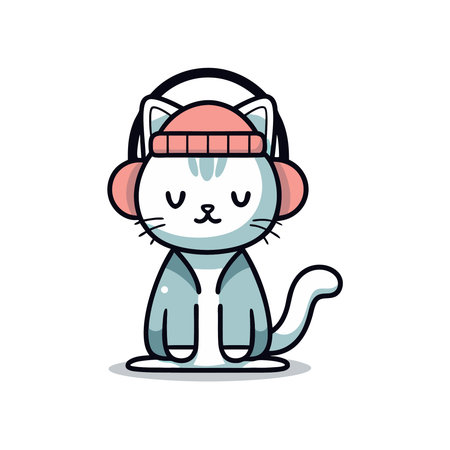 Cute cat wearing hat and scarf. Vector illustration. Isolated on white background.のイラスト素材