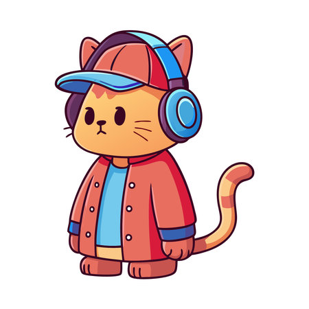 Cute cartoon cat in headphones. Vector illustration isolated on white background.のイラスト素材