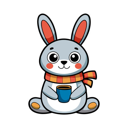 cute rabbit with scarf and cup of coffee, cartoon vector illustrationのイラスト素材