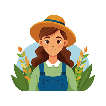 farmer woman avatar cartoon character with wheat plant vector illustration graphic designのイラスト素材