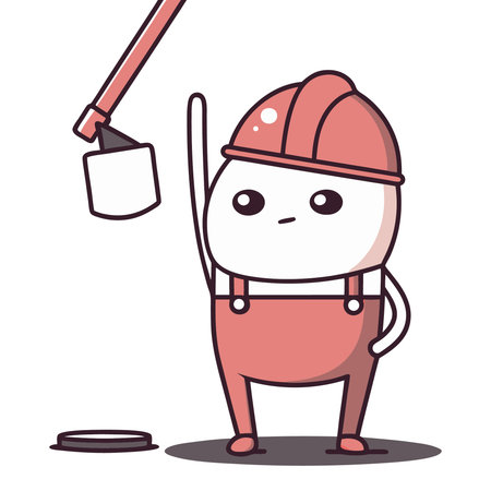 Cute builder character painting wall with paint roller. Vector illustration.のイラスト素材