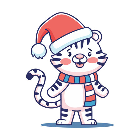 Cute tiger in a Santa Claus hat and scarf. Vector illustration.のイラスト素材