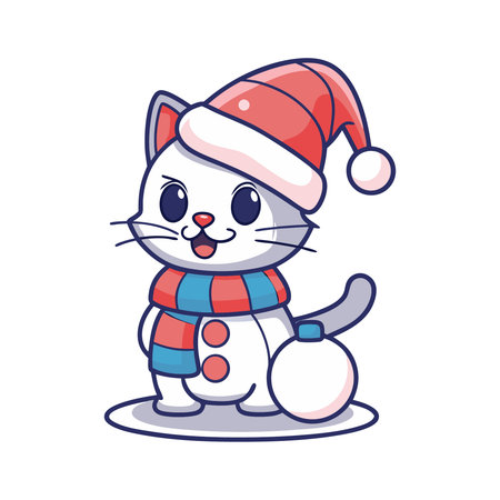 cute cat with christmas hat and snowman vector illustration designのイラスト素材