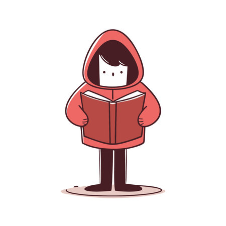Vector illustration of a girl in a red hoodie reading a bookのイラスト素材