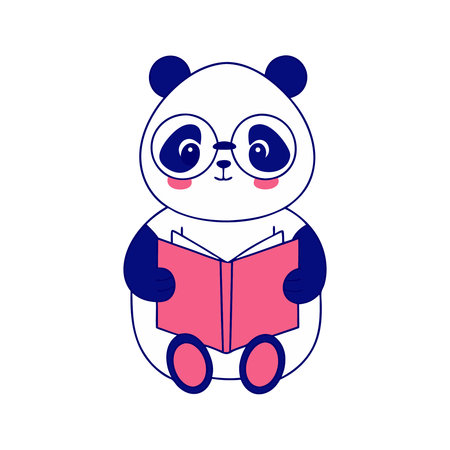 Cute panda cartoon reading a book. Isolated flat vector illustration.のイラスト素材