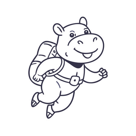 Hippopotamus running with a backpack. Vector illustration isolated on white background.のイラスト素材