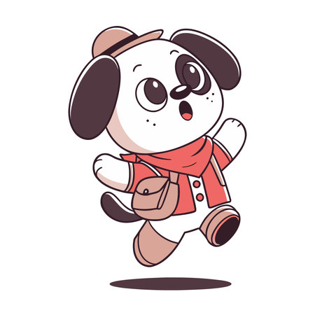 Cute cartoon dog in scarf and hat running. Vector illustration.のイラスト素材