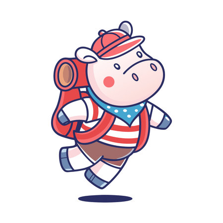 Cute hippo running with backpack. Vector illustration in cartoon style.のイラスト素材