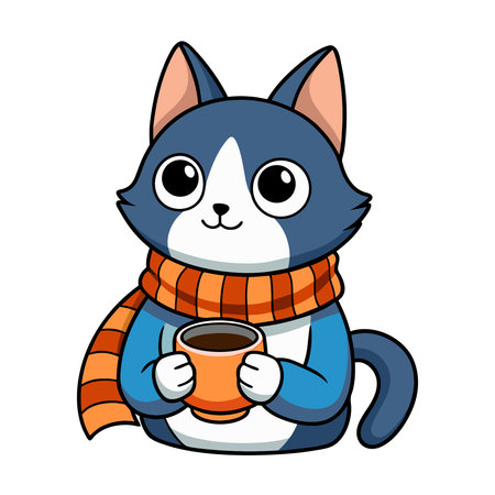 Cute cartoon dog in a scarf with a cup of coffee.のイラスト素材