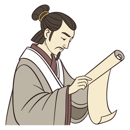 Illustration of a Japanese woman reading a scroll of paper, cartoon styleのイラスト素材
