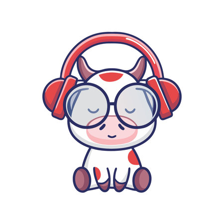 cute cow with headphones kawaii cartoon vector illustration graphic designのイラスト素材
