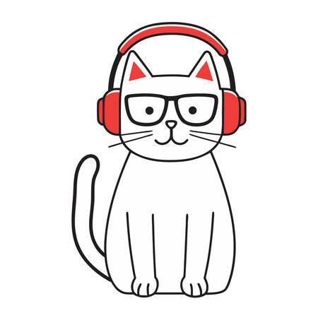cute cat with headphones, vector illustration in flat style, isolated on white backgroundのイラスト素材