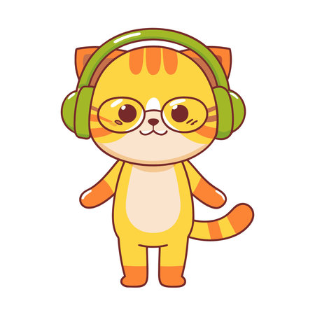 cute cat with headphones and glasses kawaii character vector illustration designのイラスト素材