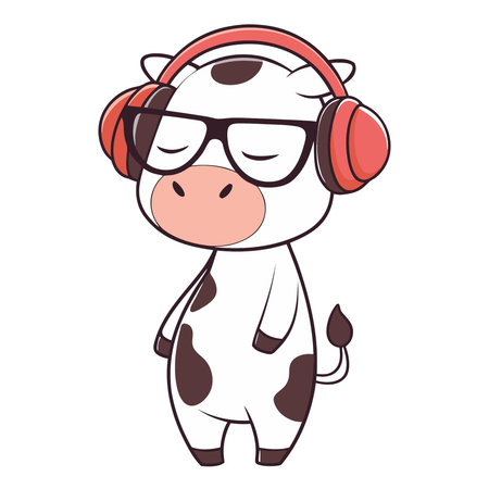 cute cartoon cow listening to music with headphones vector illustration graphic designのイラスト素材