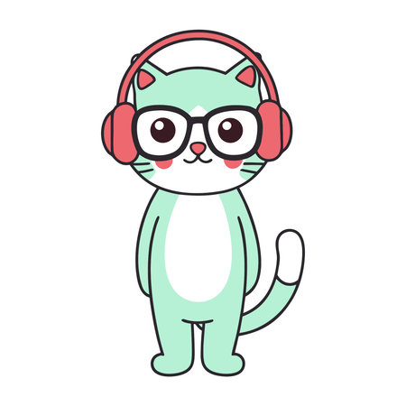 Cute cartoon cat with headphones. Vector illustration. Isolated on white background.のイラスト素材