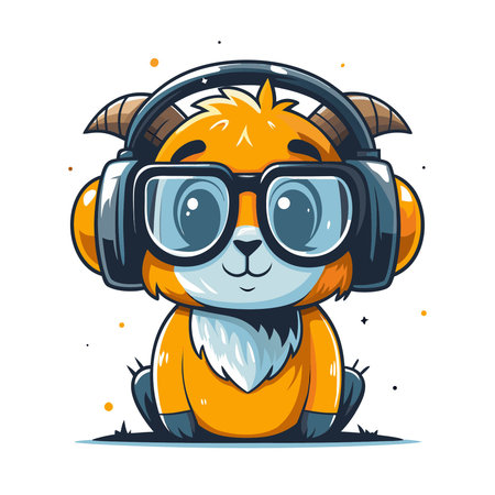 Cute cartoon goat with headphones. Vector illustration isolated on white background.のイラスト素材