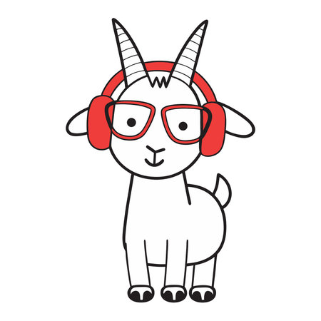 Cute cartoon goat with headphones and glasses. Vector illustration design.のイラスト素材