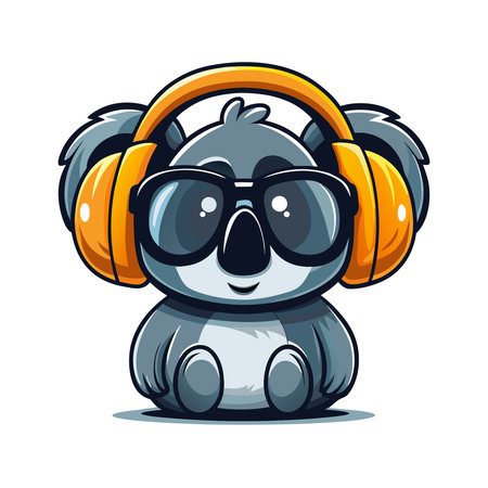 Cute cartoon koala wearing headphones. Vector illustration isolated on white background.のイラスト素材